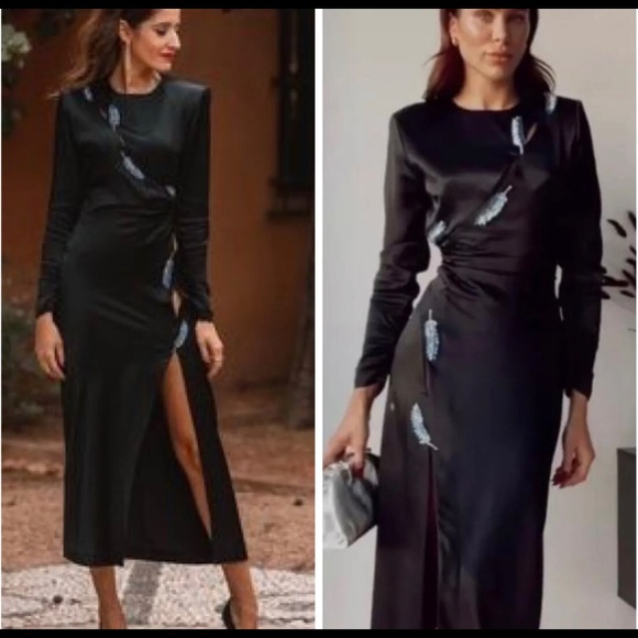 LAST NWT ZARA BLACK LEAF SATIN EFFECT DRESS - Picture 3 of 15